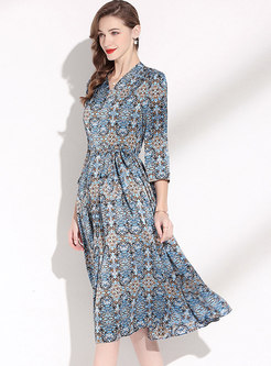 V-neck Long Sleeve Print Satin Midi Wrap Dress