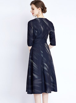 Half Sleeve Print Midi A Line Dress