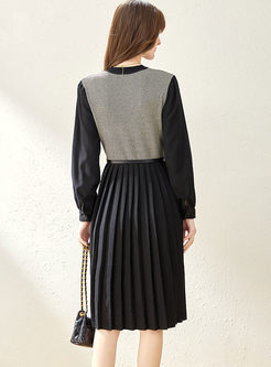Long Sleeve Patchwork Knitted Pleated Dress