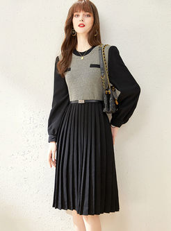 Long Sleeve Patchwork Knitted Pleated Dress