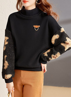 Mock Neck Fleece Patchwork Pullover Sweatshirt