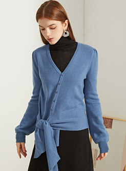 V-neck Long Sleeve Asymmetric Wool Cardigan