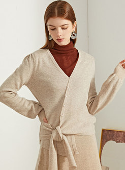 V-neck Long Sleeve Asymmetric Wool Cardigan