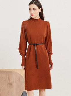Long Sleeve Ruched Belted Wool Sweater Dress