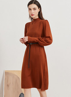 Long Sleeve Ruched Belted Wool Sweater Dress