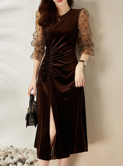 Patchwork Lace Long Sleeve Velvet Midi Dress