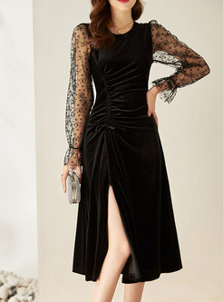 Patchwork Lace Long Sleeve Velvet Midi Dress