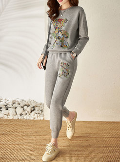 Casual Bear Embroidered Pullover Sweatpant Suits