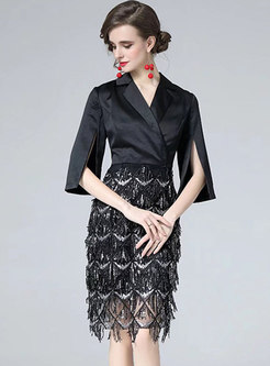 Black Sequin Fringe Patchwork Short Cocktail Dress