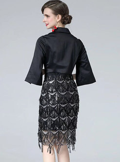 Black Sequin Fringe Patchwork Short Cocktail Dress