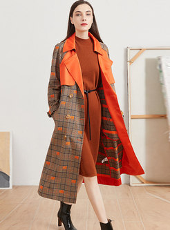 Color-blocked Plaid Double-breasted Long Trench Coat