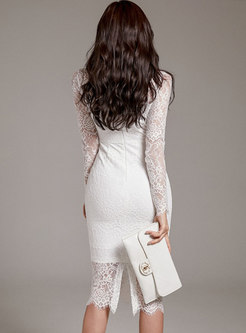 V-neck Long Sleeve Openwork Lace Sexy Dress