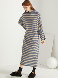 Long Sleeve Striped Loose Wool Sweater Dress