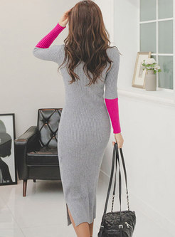 Turtleneck Long Sleeve Color-blocked Sweater Dress