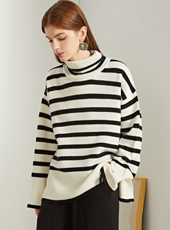 Turtleneck Pullover Long Sleeve Striped Sweater