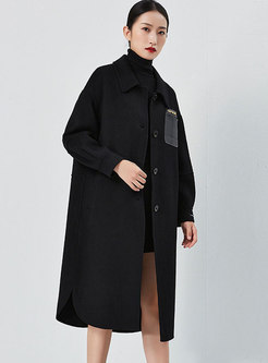 Leather Pocket Patchwork Straight Wool Coat