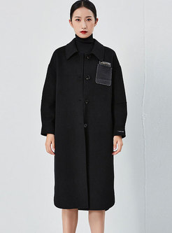 Leather Pocket Patchwork Straight Wool Coat