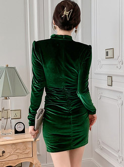 V-neck Long Sleeve Ruched Velvet Short Dress