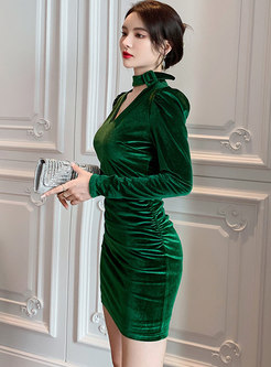 V-neck Long Sleeve Ruched Velvet Short Dress