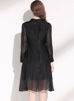 Black Beaded Long Sleeve Metallic Chiffon Dress