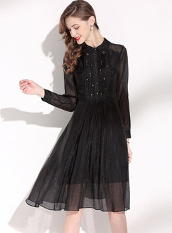 Black Beaded Long Sleeve Metallic Chiffon Dress