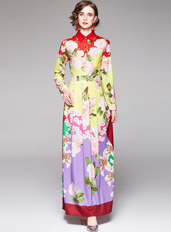 Retro Long Sleeve Floral Shirt Maxi Dress