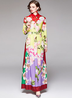 Retro Long Sleeve Floral Shirt Maxi Dress