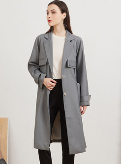 Casual Grey Belted Straight Trench Coat