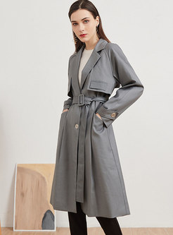 Casual Grey Belted Straight Trench Coat