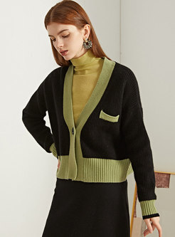 Color-blocked V-neck Loose Wool Cardigan
