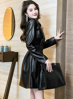Long Sleeve Faux Leather Belted Mini Dress