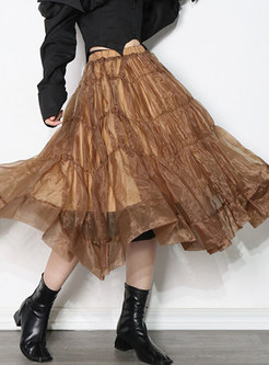 High Waisted Ruched Chiffon A Line Midi Skirt