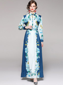 Retro Floral Long Sleeve Pleated Party Maxi Dress