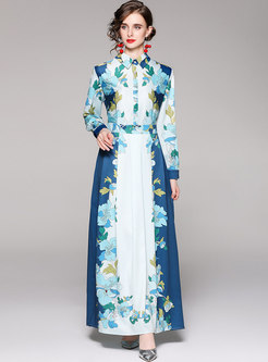 Retro Floral Long Sleeve Pleated Party Maxi Dress