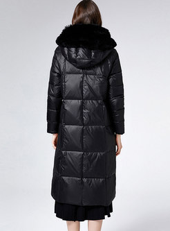 Hooded Fur Collar Solid Shiny Down Coat