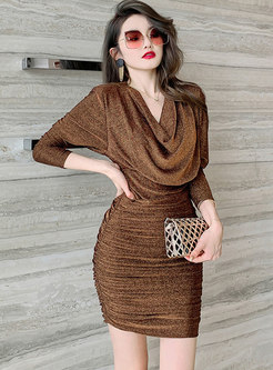 Cowl Neck Long Sleeve Ruched Short Dress