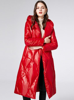 Belted Hooded Shiny Red Midi Down Coat