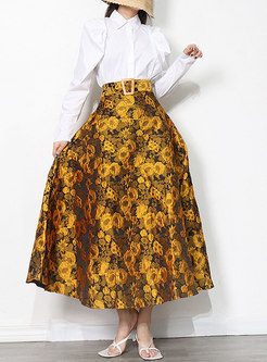 Retro High Waisted Print Big Hem Maxi Skirt