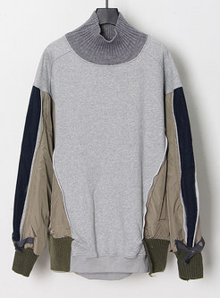 Color-blocked Long Sleeve Pullover Loose Sweatshirt