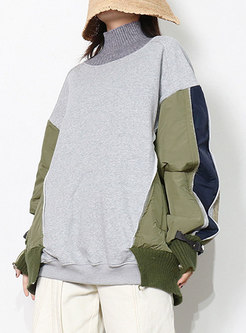 Color-blocked Long Sleeve Pullover Loose Sweatshirt