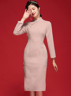 Pink Long Sleeve Improved Cheongsam Midi Dress