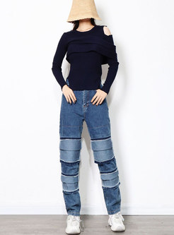 Casual High Waisted Patchwork Straight Jeans