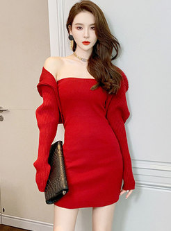 Red Long Sleeve Cardigan & Sheath Tube Sweater Dress