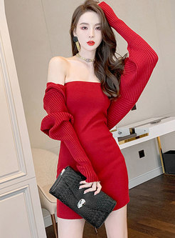 Red Long Sleeve Cardigan & Sheath Tube Sweater Dress