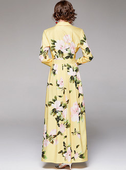 Retro Floral Long Sleeve Pleated Maxi Dress