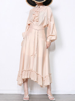 Lantern Sleeve Ruched High Waisted Ruffle Maxi Skirt Suits