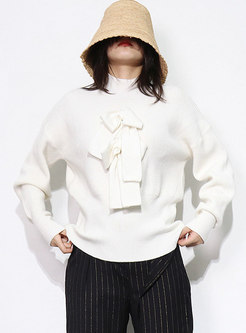 Turtleneck Bowknot Pullover Ribbed Sweater