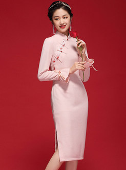 Mandarin Collar Long Sleeve Improved Cheongsam Dress
