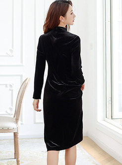 Plus Size Velvet Split Black Cheongsam Dress
