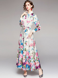 Court Floral Long Sleeve Formal Maxi Dress